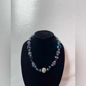 Elegant Blue Iridescent Glass and Crystal Beaded Necklace